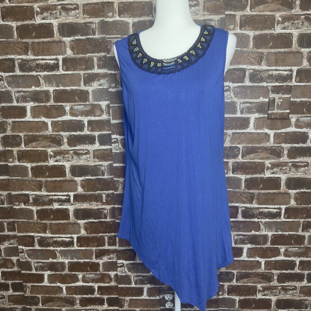 Cyrus Women’s Blue Sleeveless Long Tank Top Shirt Scoop Neck Beaded XL